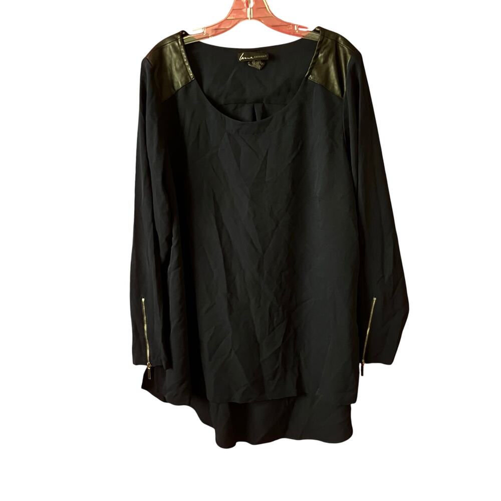 Lane Bryant 22 Dark Navy Tunic Blouse Faux Leather Accent Zip Sleeve Flowy Top